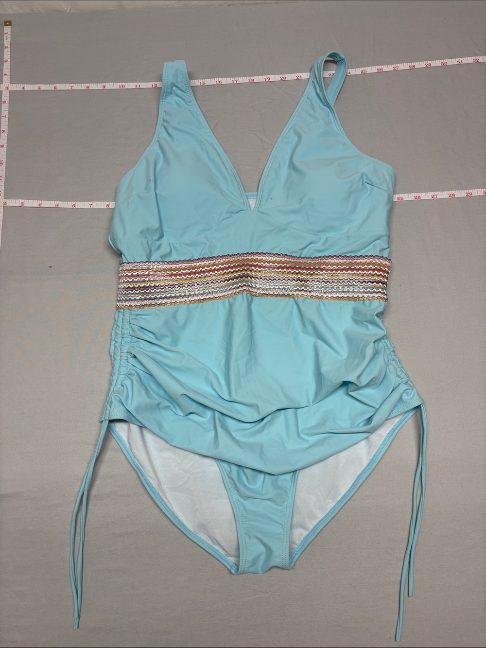 Light Blue Women's One-Piece Swimsuit with Decorative Waistband